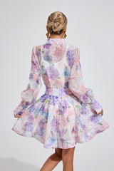 Kaeifa Purple Floral Mini Dress - High Neck Sheer Sleeve A-Line