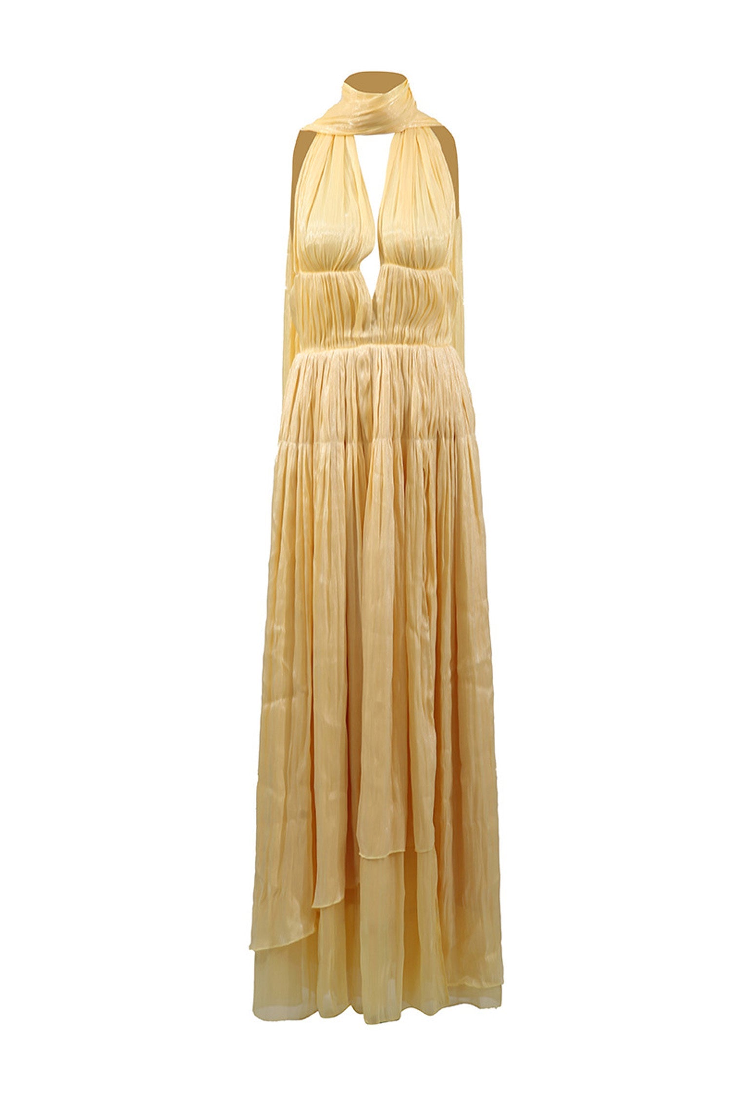 Kaeifa Butter Yellow Halter Neck Pleated Cape Back Maxi Dress