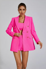 Kaeifa Hot Pink Bandeau Crop Top Shorts Blazer Three-Piece Set