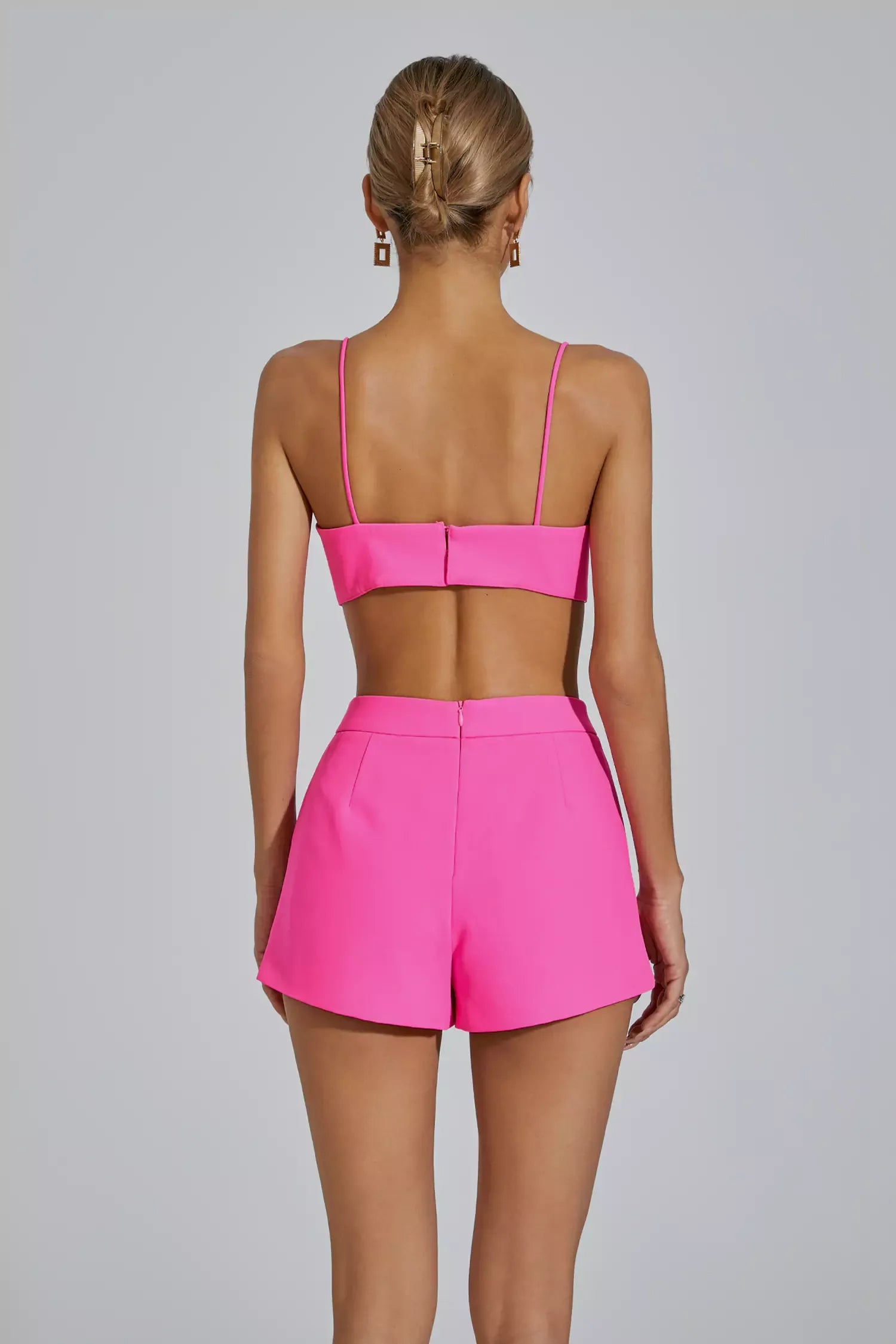 Kaeifa Hot Pink Bandeau Crop Top Shorts Blazer Three-Piece Set