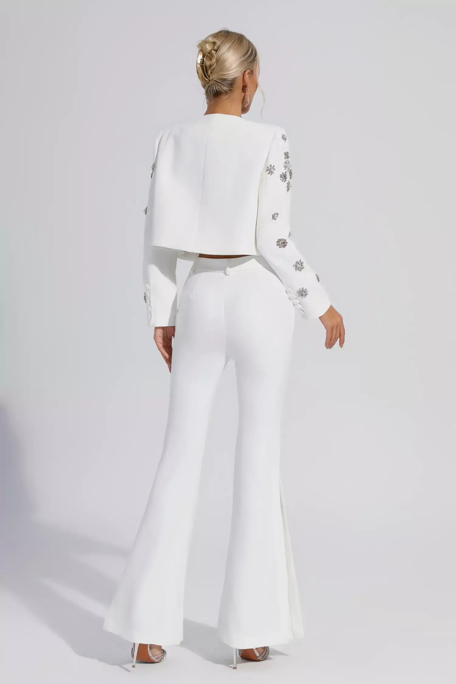 Kaeifa White Crystal Floral Crop Blazer Flare Pants Set