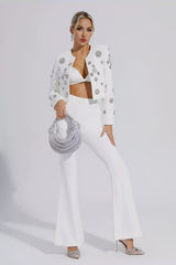 Kaeifa White Crystal Floral Crop Blazer Flare Pants Set