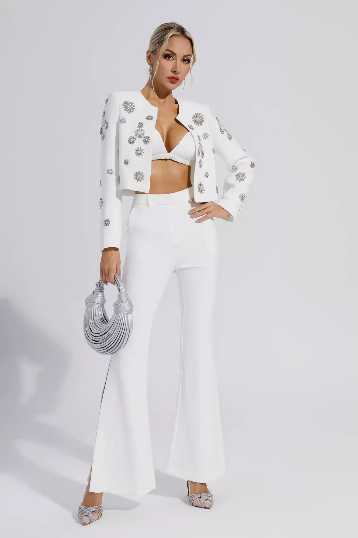Kaeifa White Crystal Floral Crop Blazer Flare Pants Set