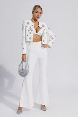 Kaeifa White Crystal Floral Crop Blazer Flare Pants Set