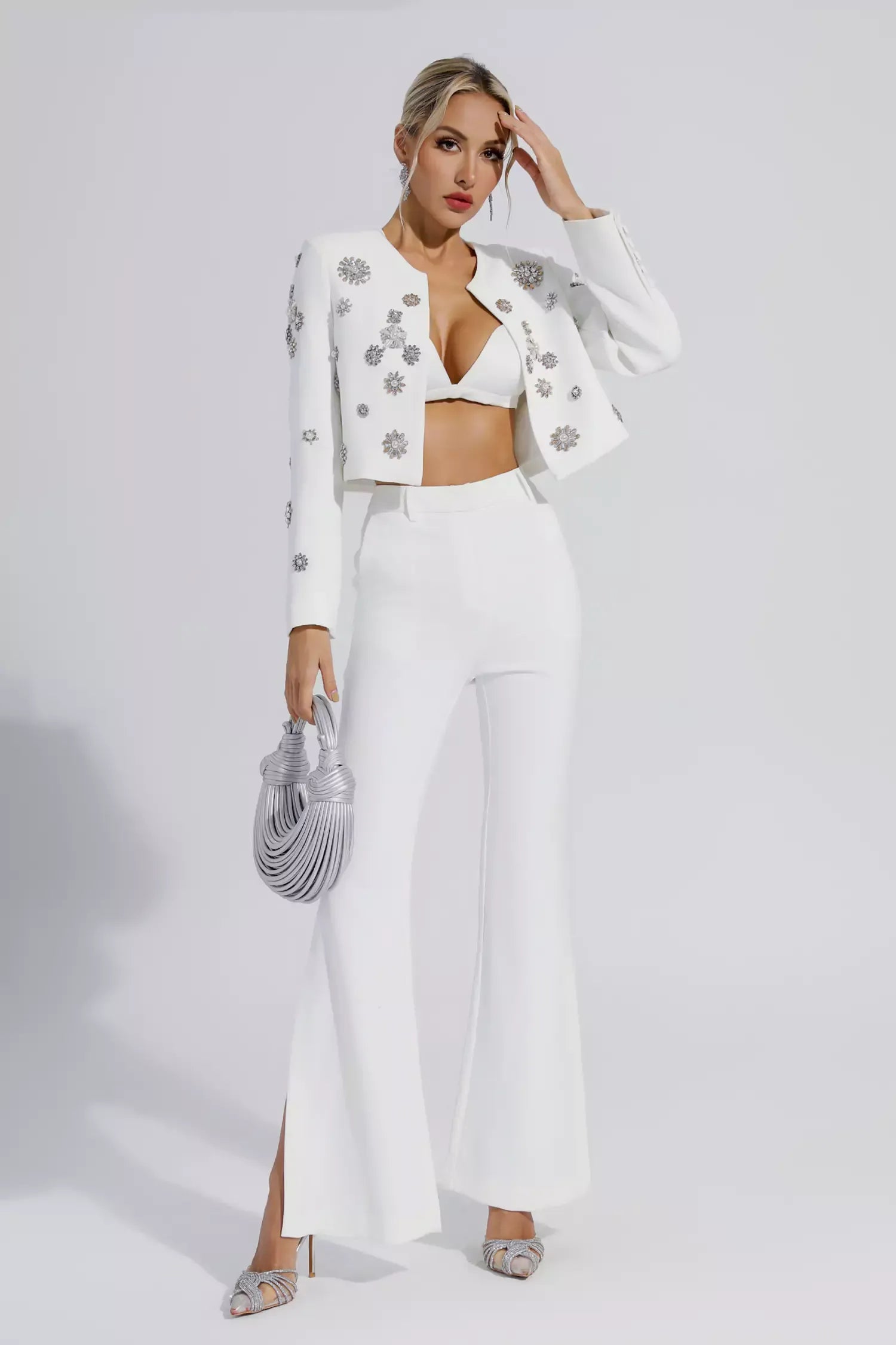Kaeifa White Crystal Floral Crop Blazer Flare Pants Set