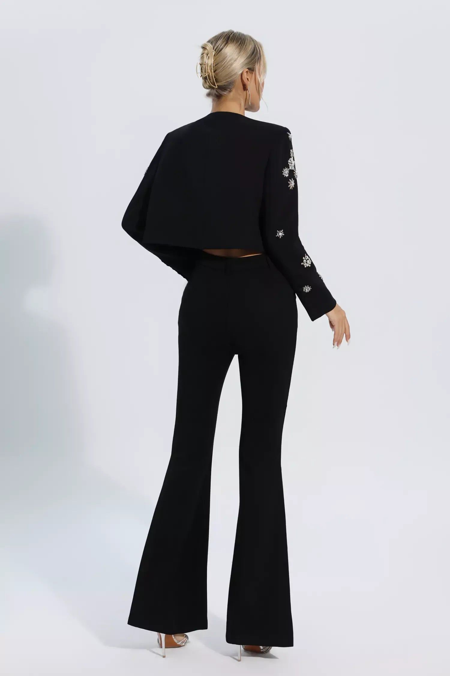 Kaeifa Black Diamond Scatter Collarless Crop Blazer Pants Set
