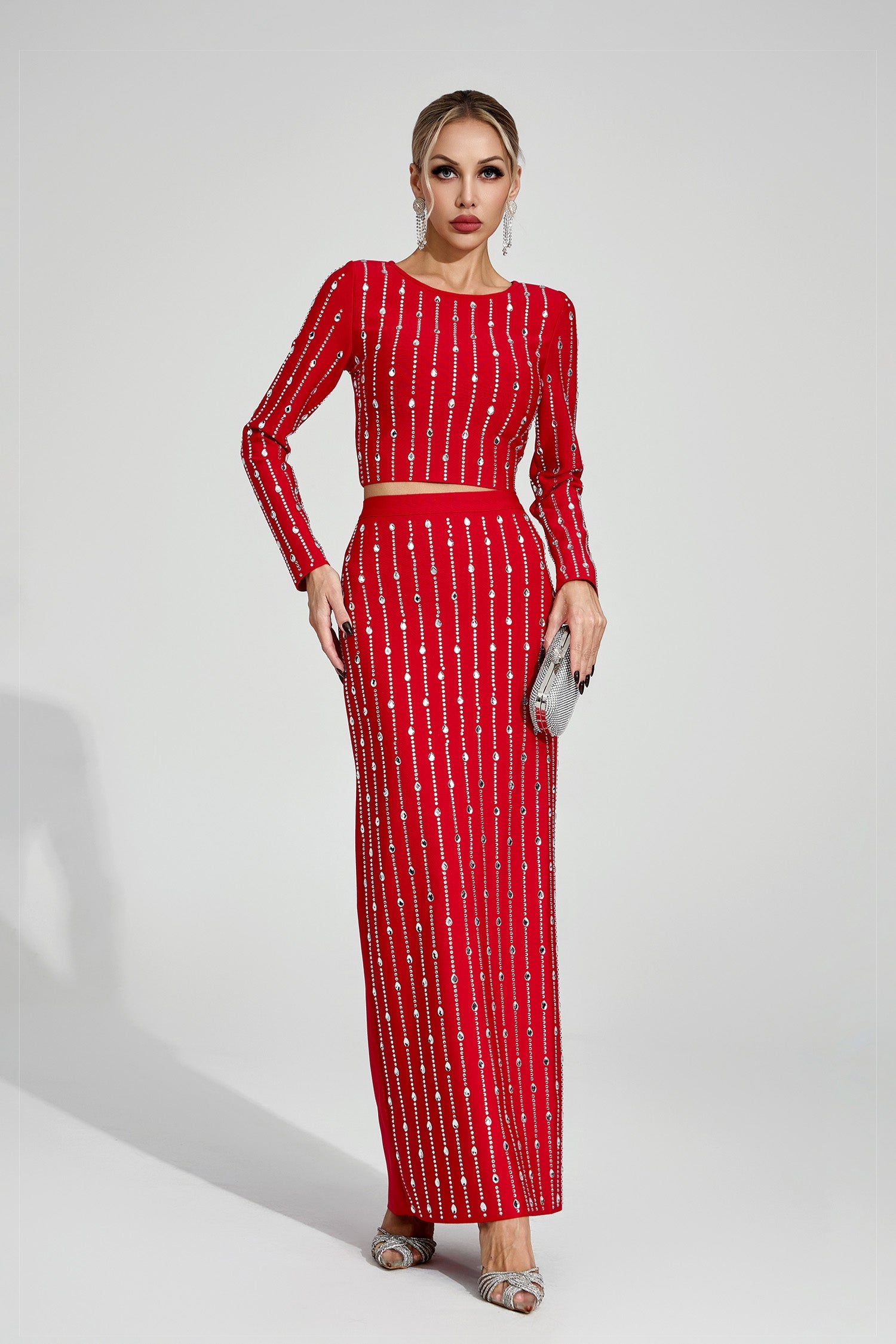Kaeifa Red Rhinestone Sleeve Crop Top Maxi Skirt Co-ord Set