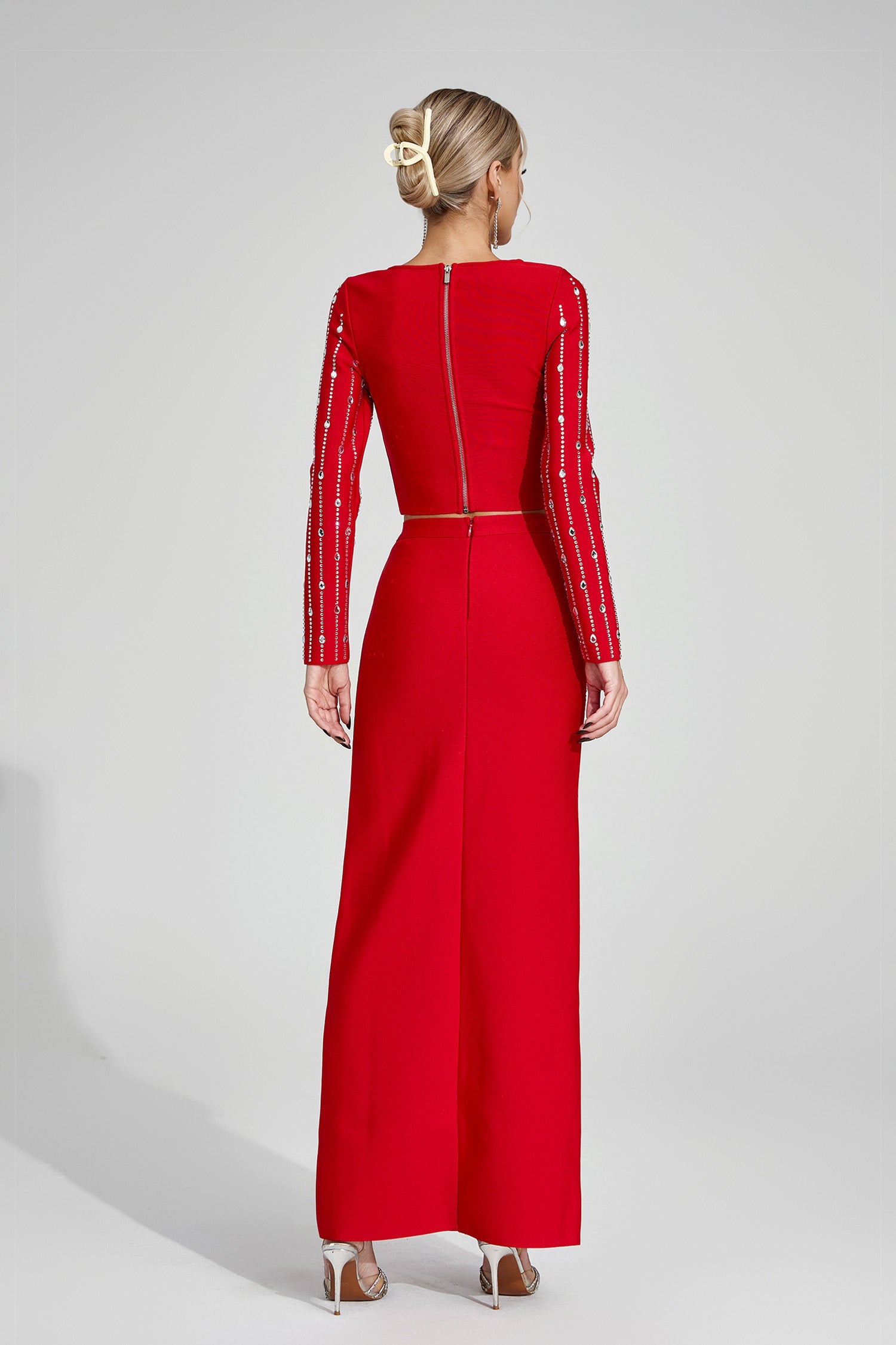 Kaeifa Red Rhinestone Sleeve Crop Top Maxi Skirt Co-ord Set