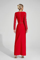 Kaeifa Red Rhinestone Sleeve Crop Top Maxi Skirt Co-ord Set