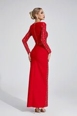 Kaeifa Red Rhinestone Sleeve Crop Top Maxi Skirt Co-ord Set