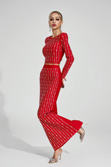 Kaeifa Red Rhinestone Sleeve Crop Top Maxi Skirt Co-ord Set