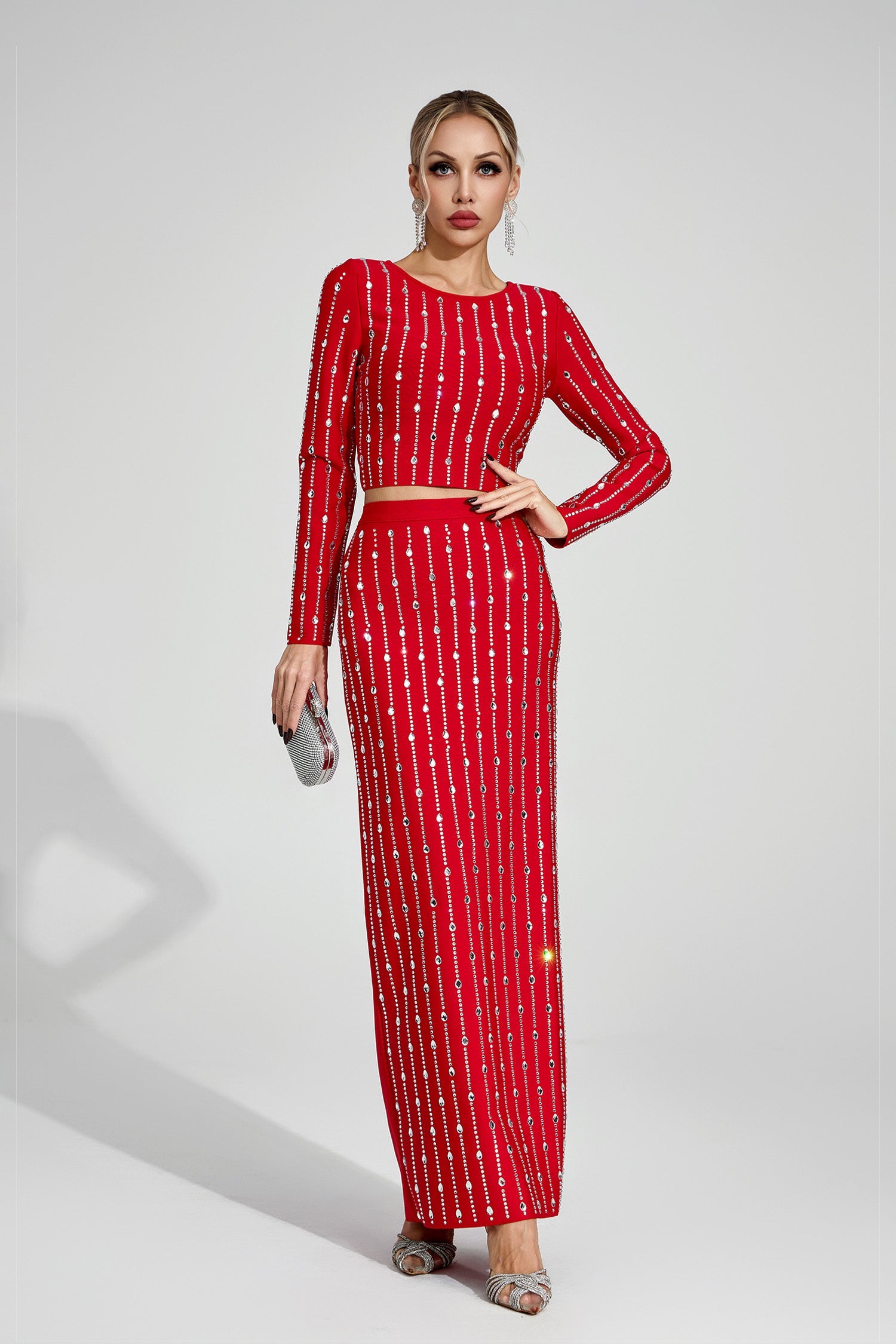 Kaeifa Red Rhinestone Sleeve Crop Top Maxi Skirt Co-ord Set