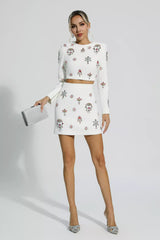 Kaeifa White Floral Crystal Embellished Long Sleeve Crop Mini Skirt Set