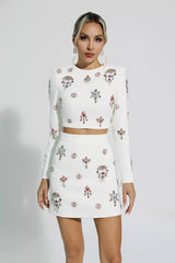 Kaeifa White Floral Crystal Embellished Long Sleeve Crop Mini Skirt Set
