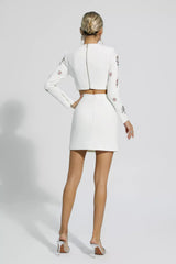 Kaeifa White Floral Crystal Embellished Long Sleeve Crop Mini Skirt Set