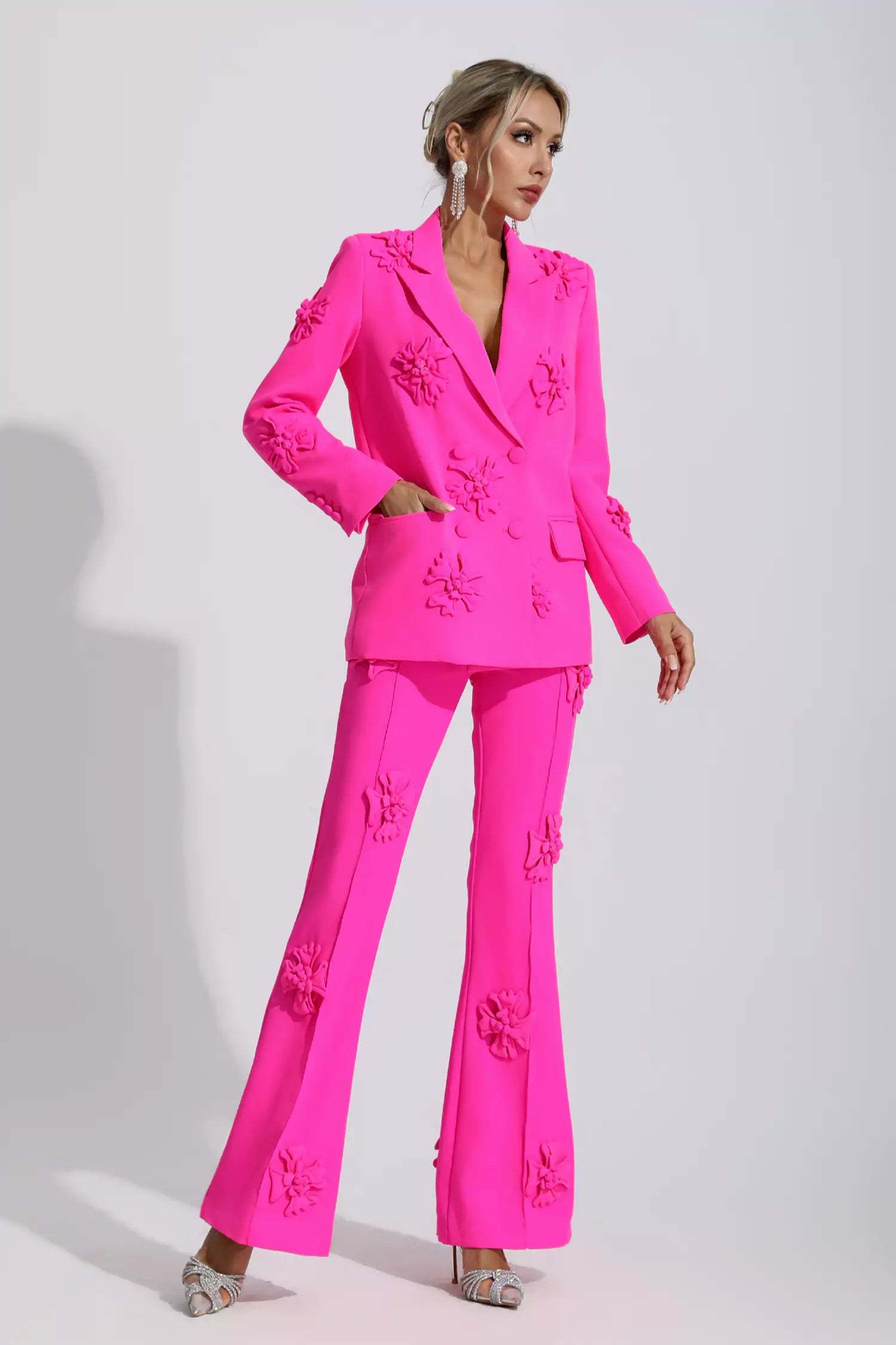 Kaeifa Fuchsia 3D Flower Applique Blazer Wide Leg Pants Co-ord