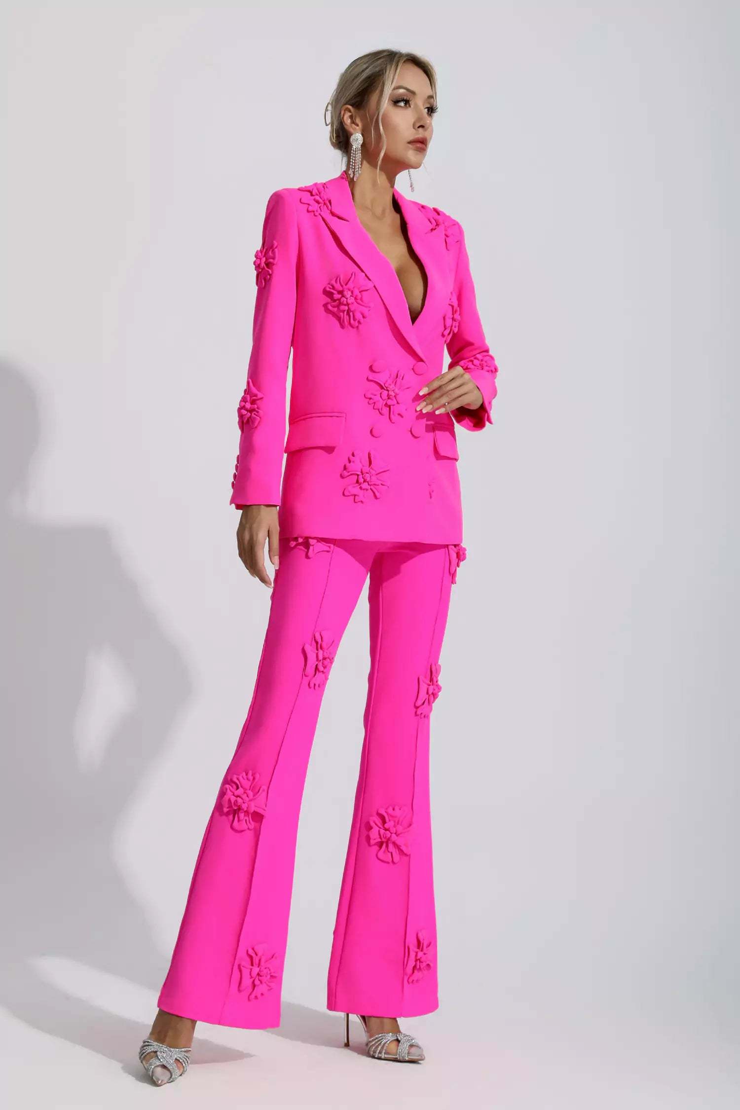 Kaeifa Fuchsia 3D Flower Applique Blazer Wide Leg Pants Co-ord