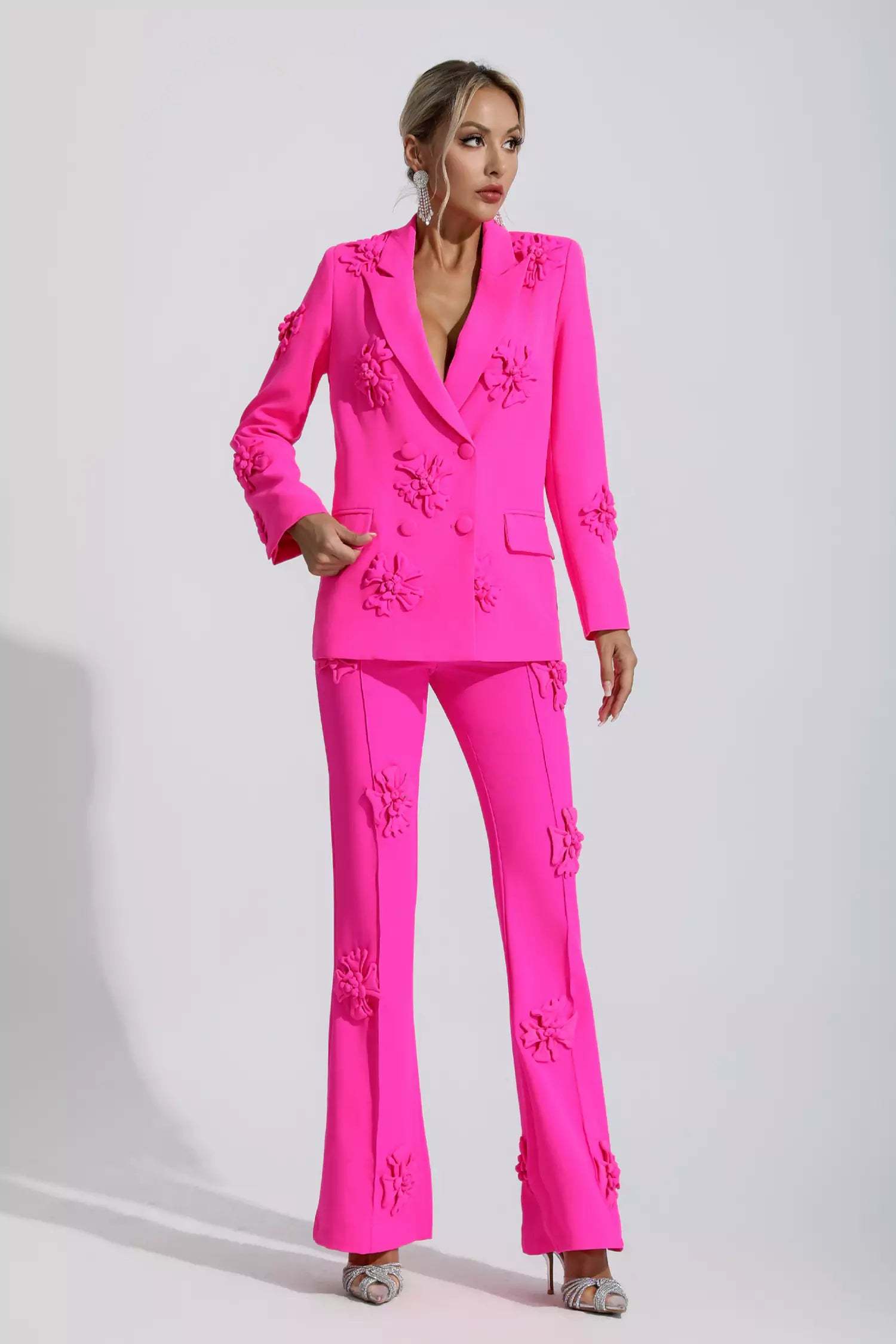 Kaeifa Fuchsia 3D Flower Applique Blazer Wide Leg Pants Co-ord