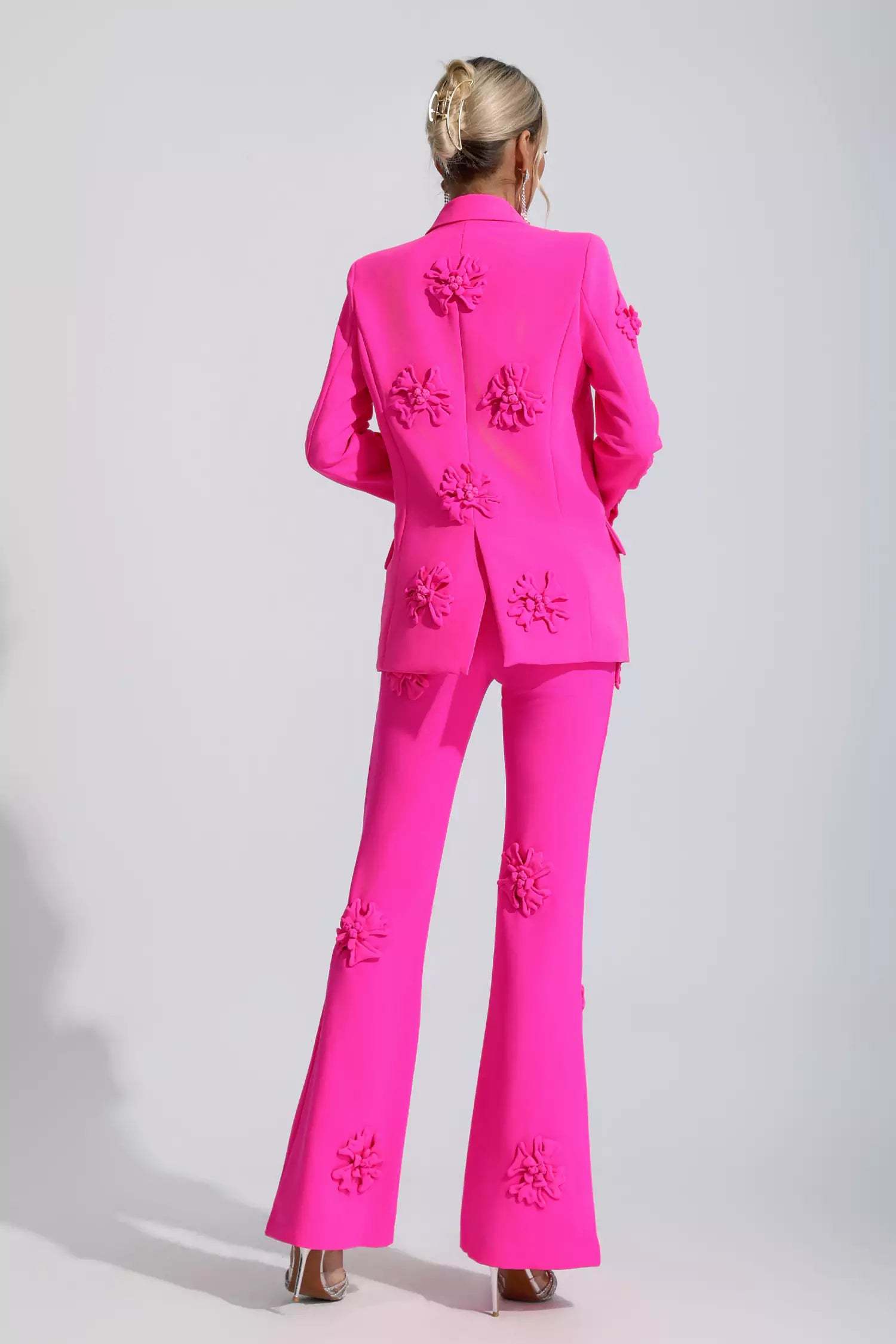 Kaeifa Fuchsia 3D Flower Applique Blazer Wide Leg Pants Co-ord