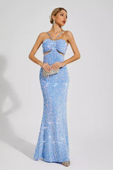 Kaeifa Blue Sequin Ruched Bust Halter Neck Cutout Maxi Dress
