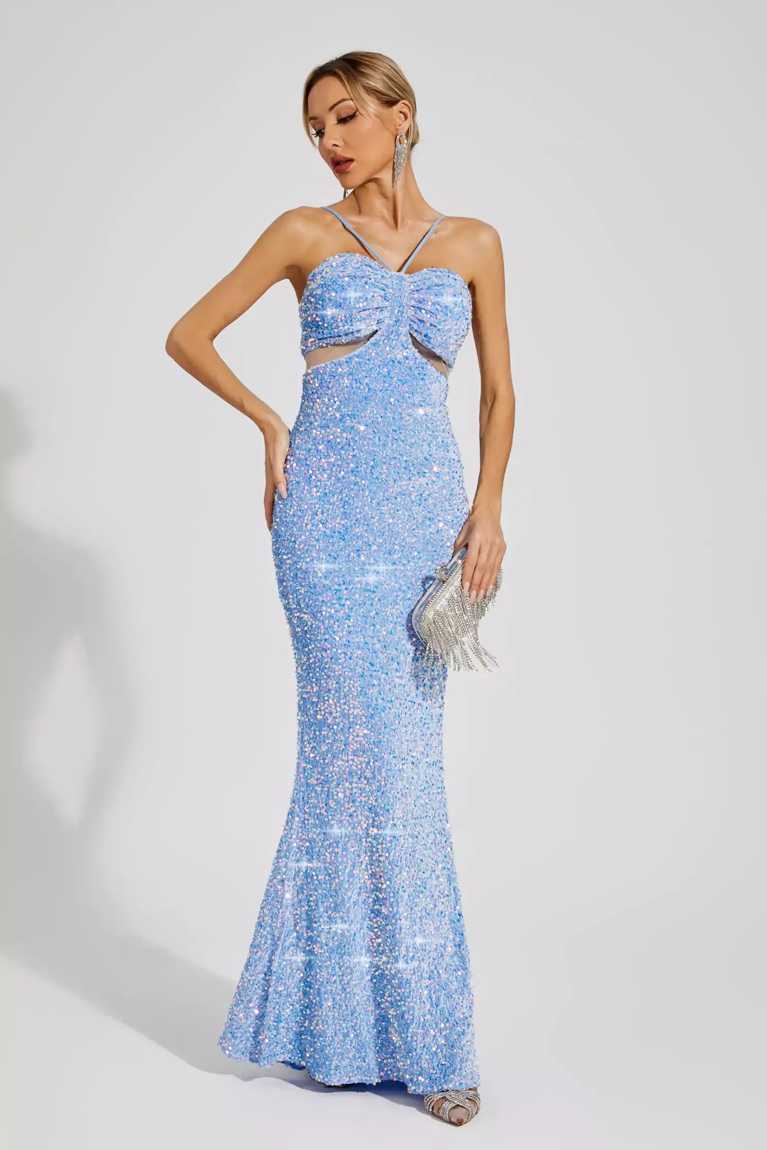 Kaeifa Blue Sequin Ruched Bust Halter Neck Cutout Maxi Dress