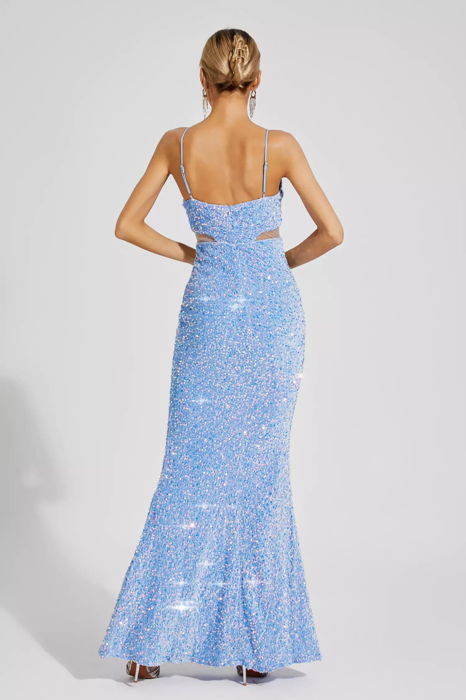 Kaeifa Blue Sequin Ruched Bust Halter Neck Cutout Maxi Dress