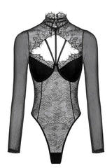 Kaeifa Black Floral Lace Sheer High Neck Long Sleeve Strappy Bodysuit