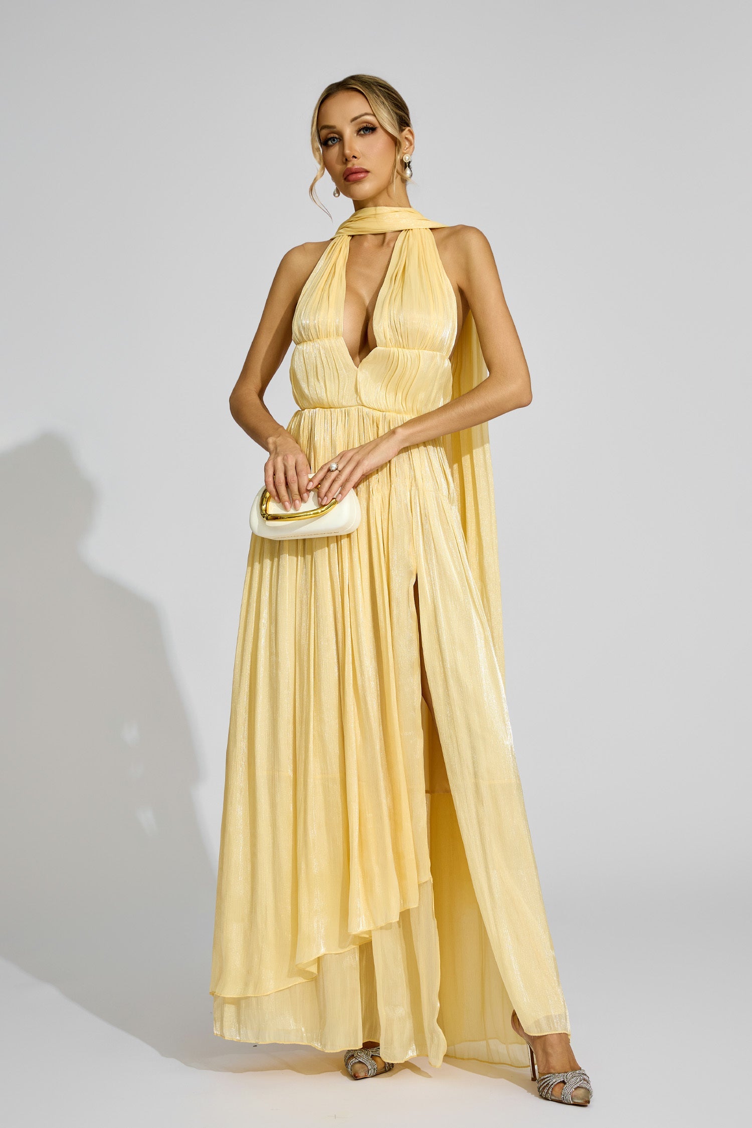 Kaeifa Butter Yellow Halter Neck Pleated Cape Back Maxi Dress