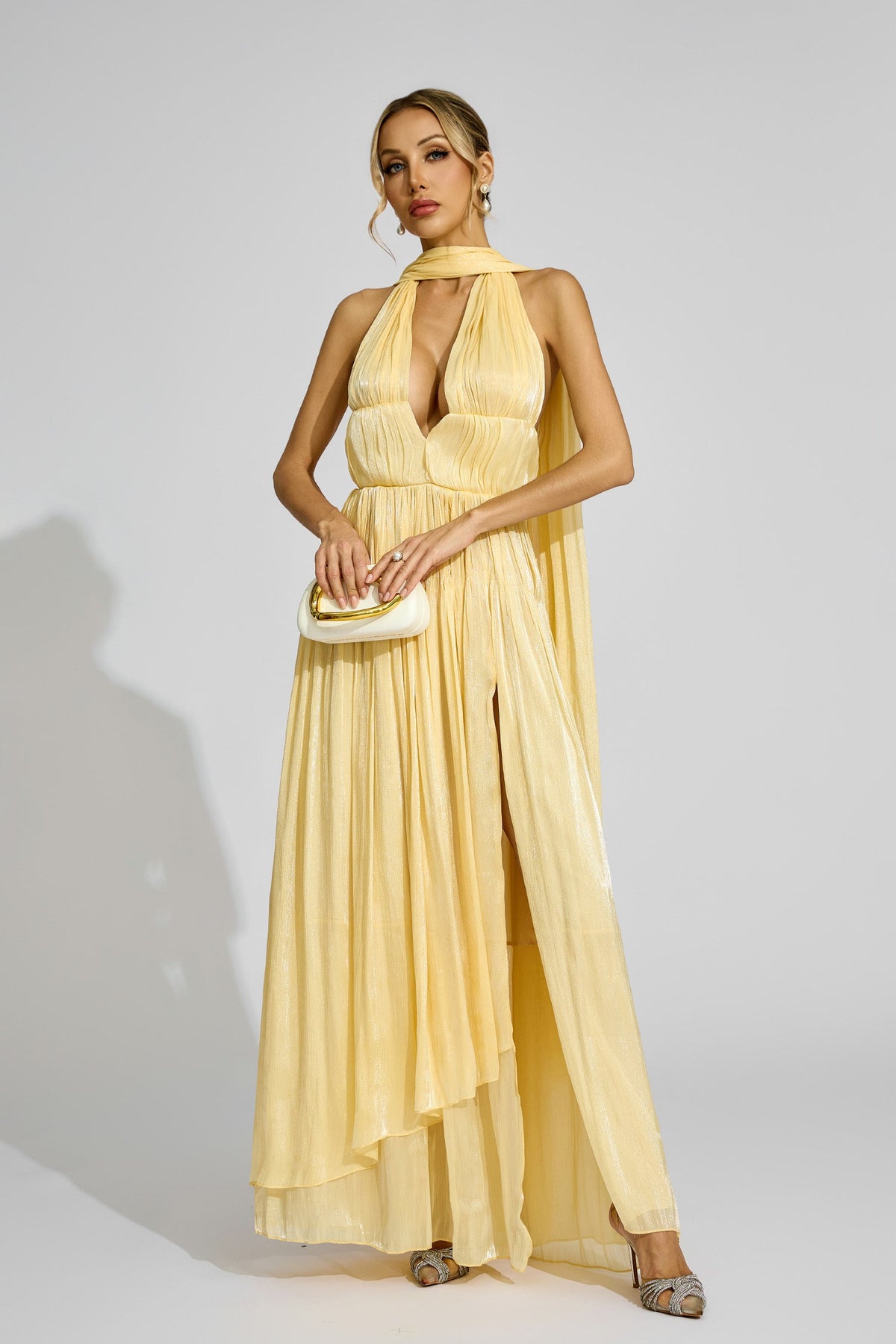 Kaeifa Butter Yellow Halter Neck Pleated Cape Back Maxi Dress