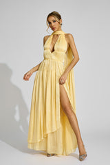 Kaeifa Butter Yellow Halter Neck Pleated Cape Back Maxi Dress