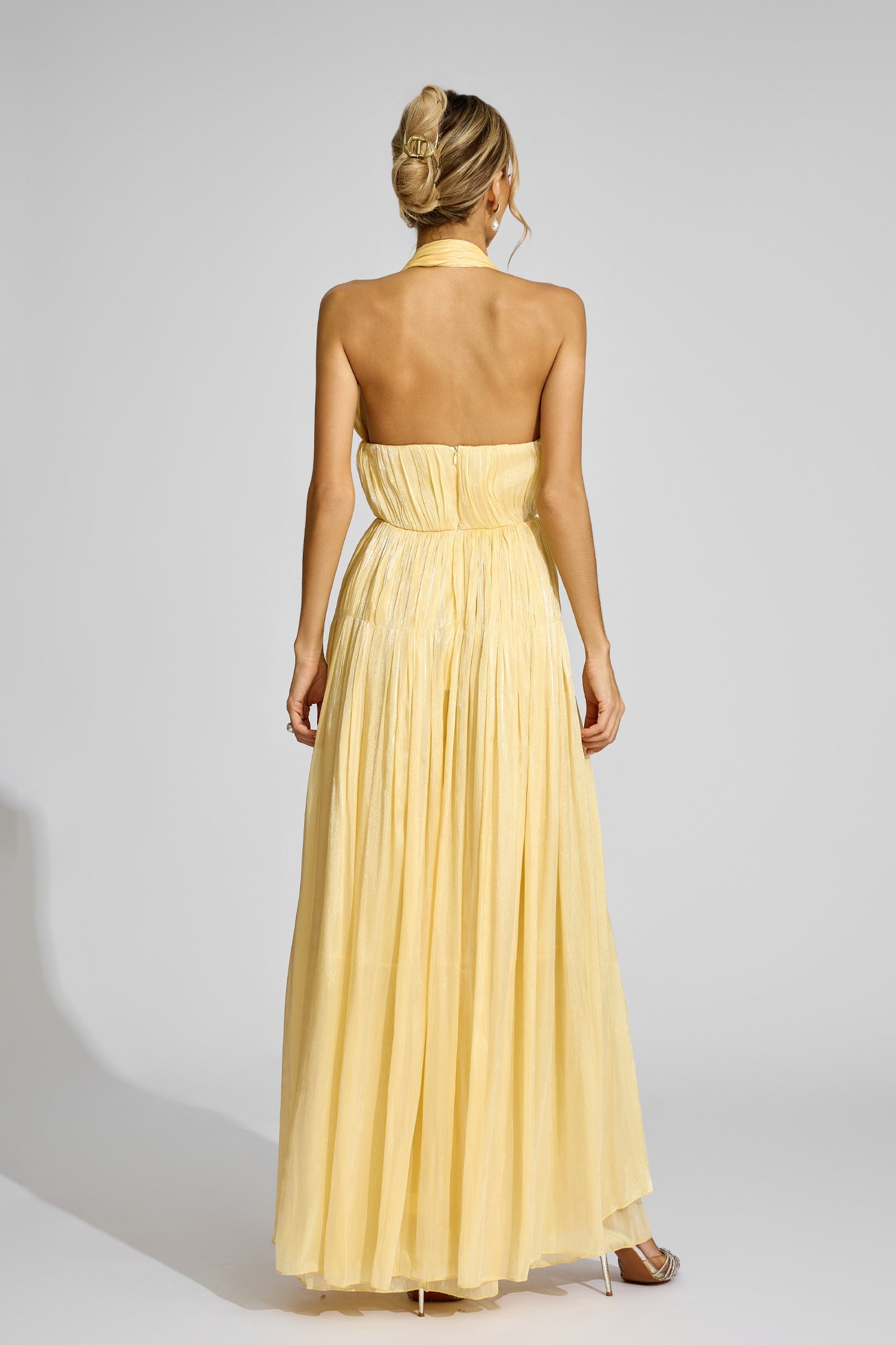 Kaeifa Butter Yellow Halter Neck Pleated Cape Back Maxi Dress