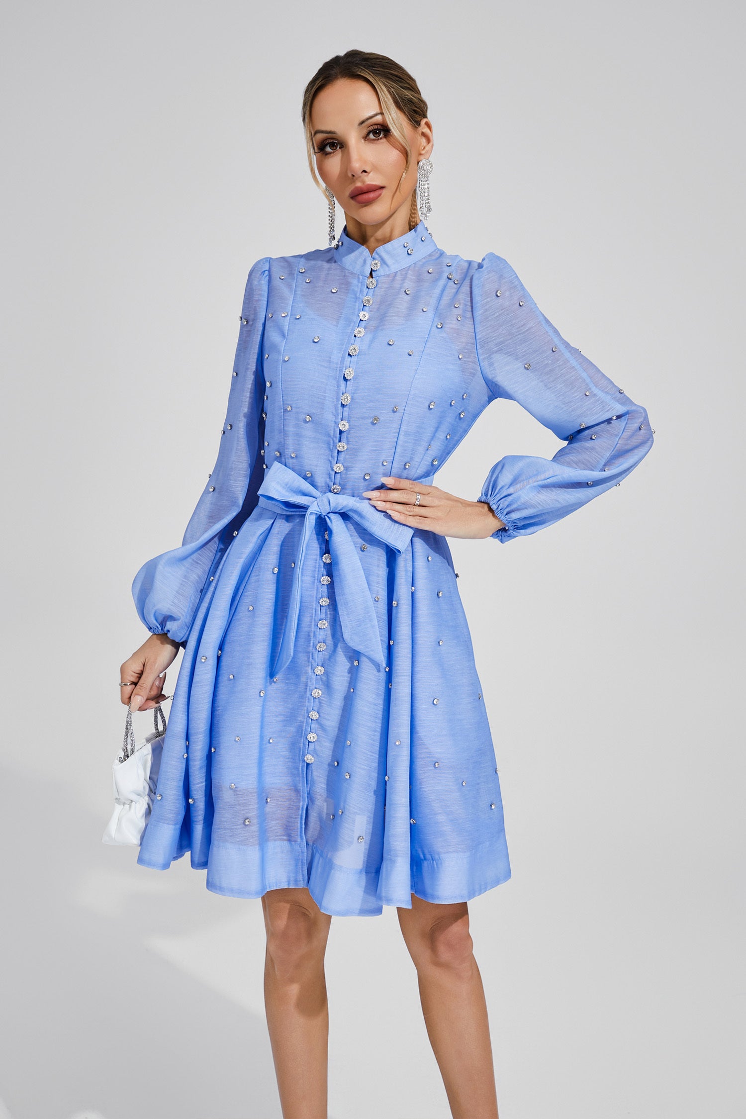 Kaeifa Blue Embellished Mini Dress - High Neck Bishop Sleeve Belted
