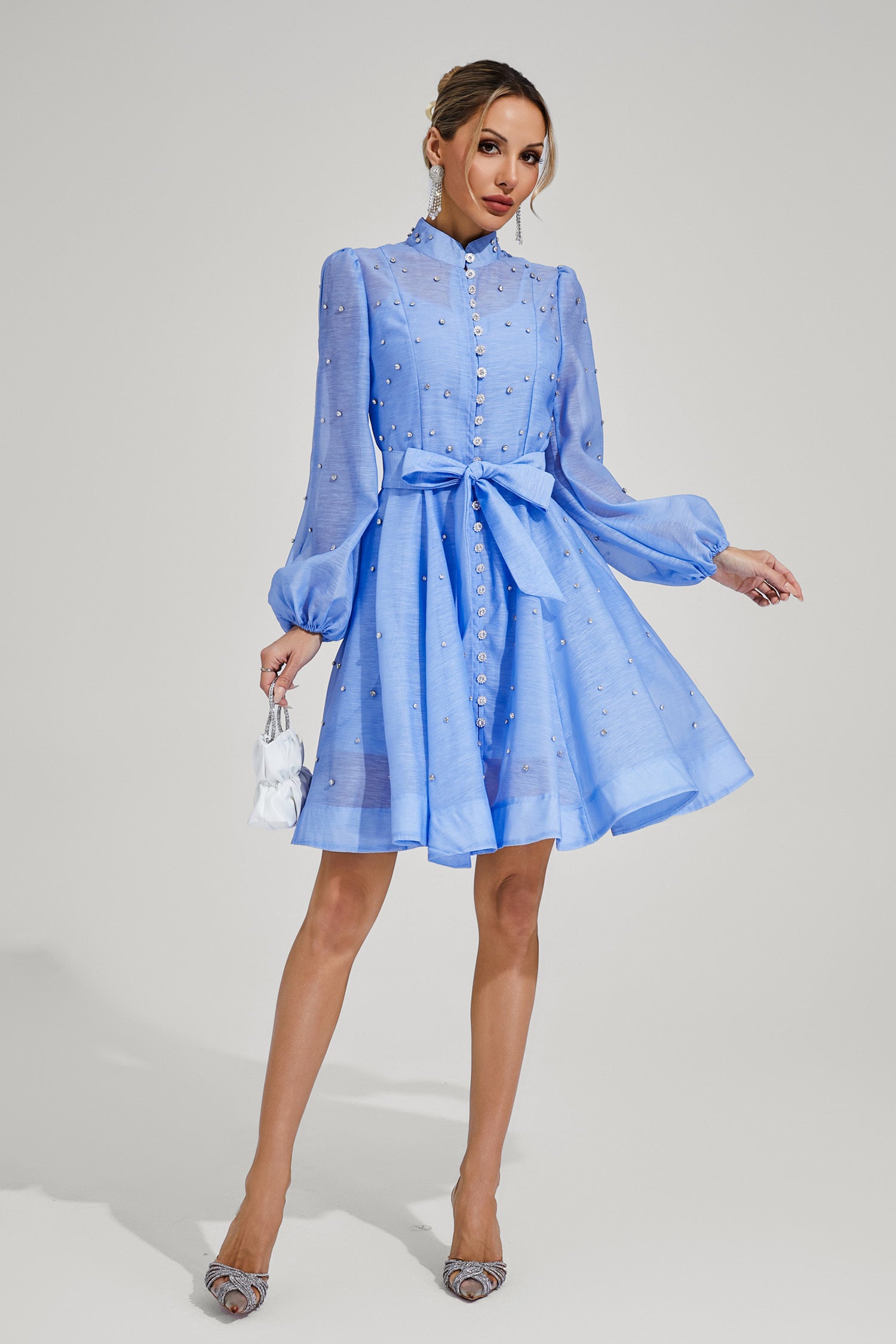 Kaeifa Blue Embellished Mini Dress - High Neck Bishop Sleeve Belted