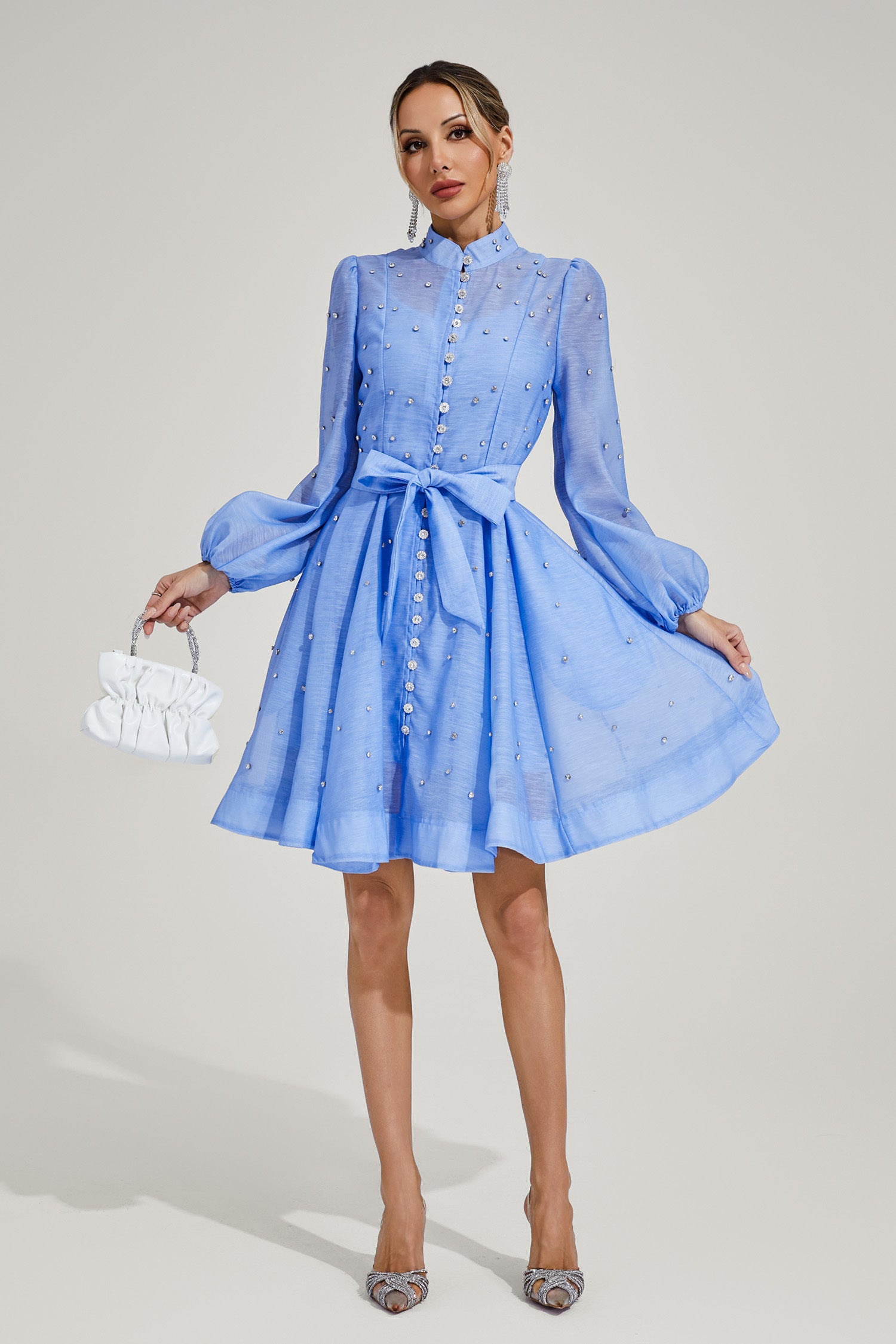 Kaeifa Blue Embellished Mini Dress - High Neck Bishop Sleeve Belted