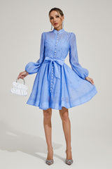 Kaeifa Blue Embellished Mini Dress - High Neck Bishop Sleeve Belted