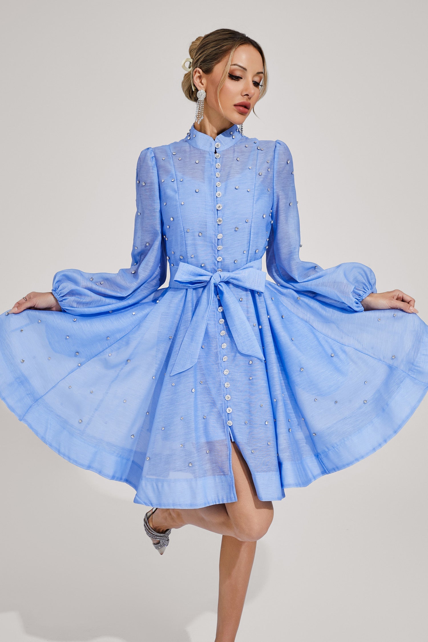 Kaeifa Blue Embellished Mini Dress - High Neck Bishop Sleeve Belted