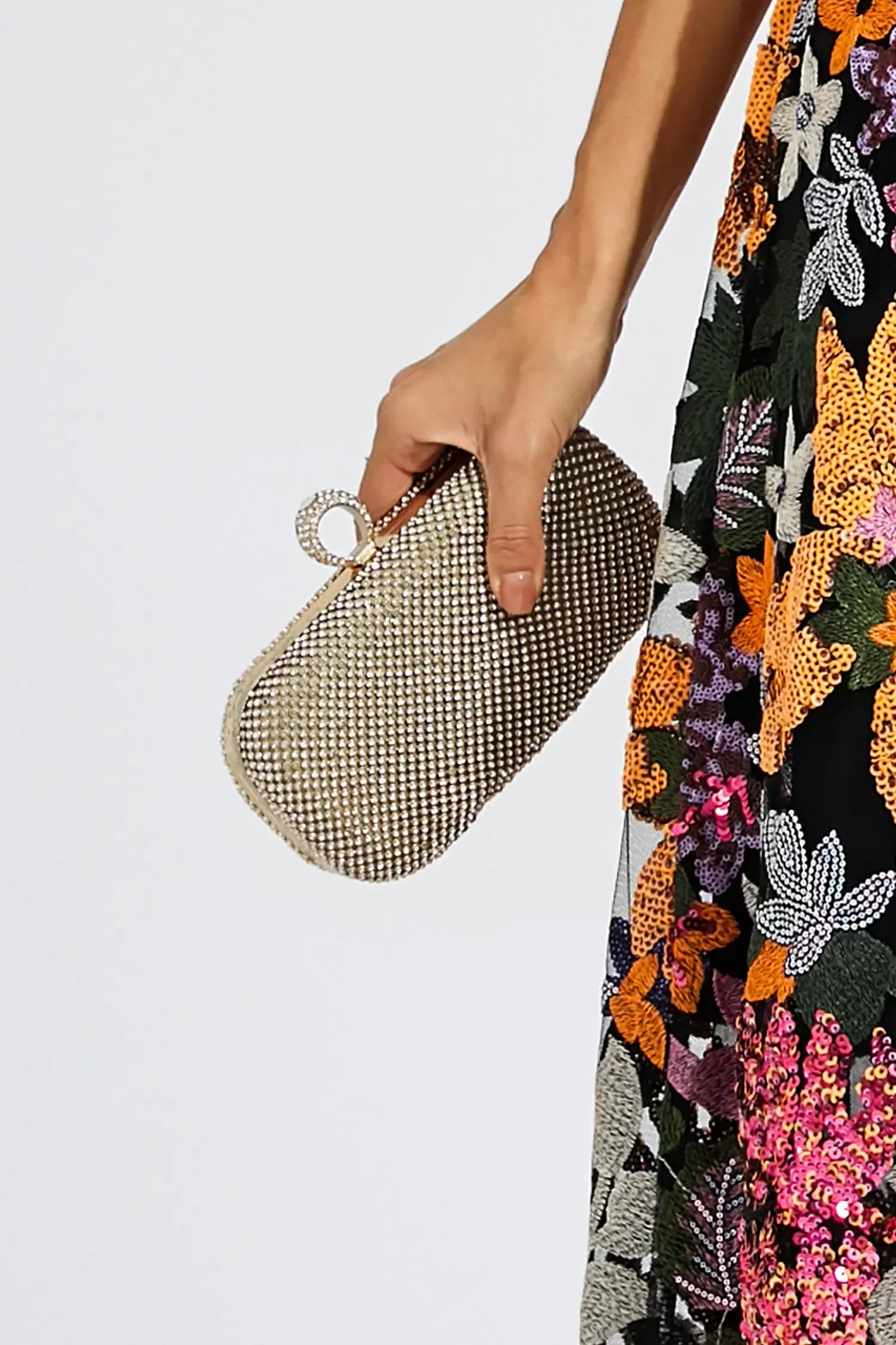 Kaeifa Champagne Rhinestone Mesh Oval Hard Case Evening Clutch Bag