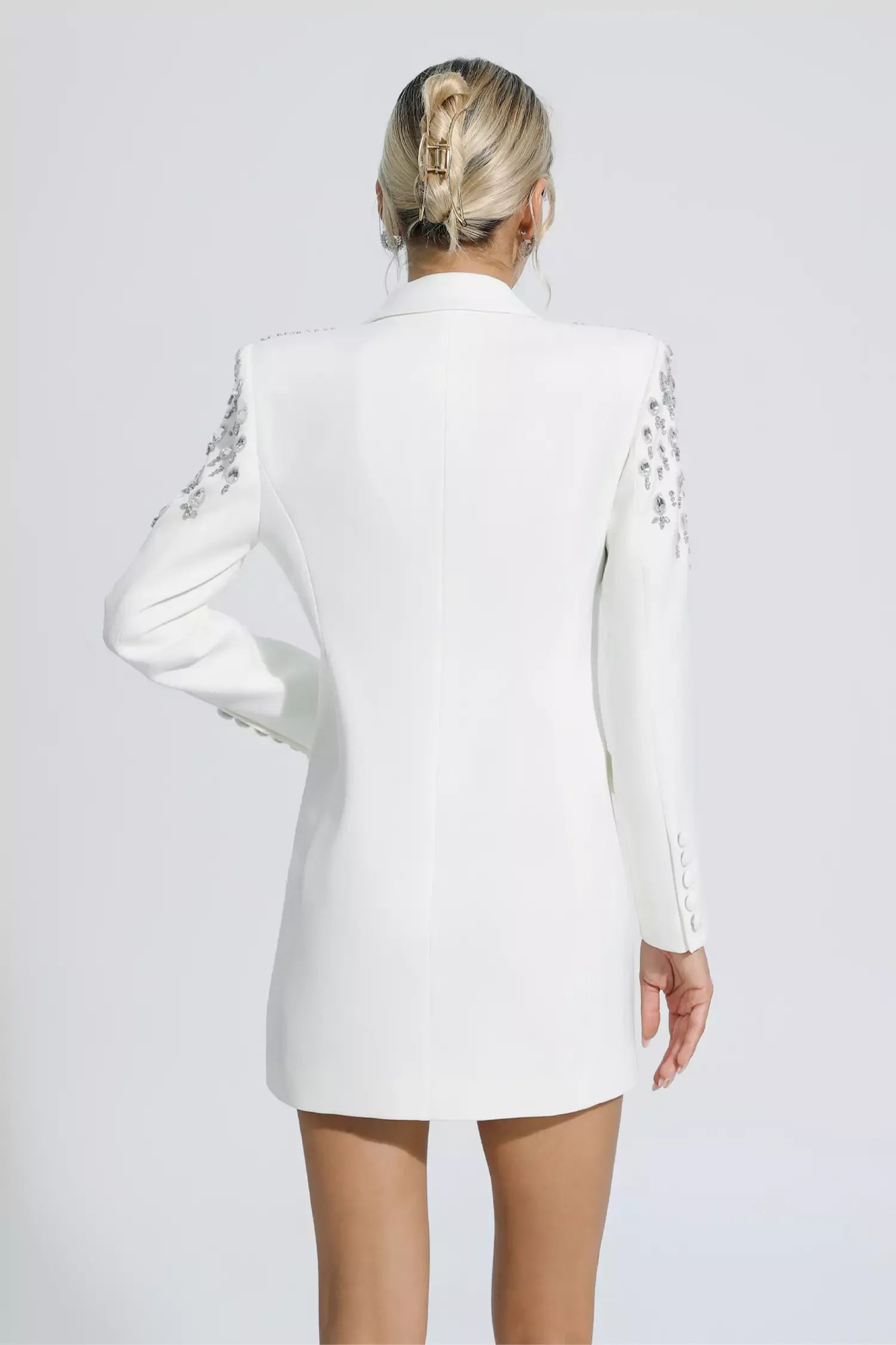 Kaeifa White Crystal Shoulder Double Breasted Blazer Mini Dress