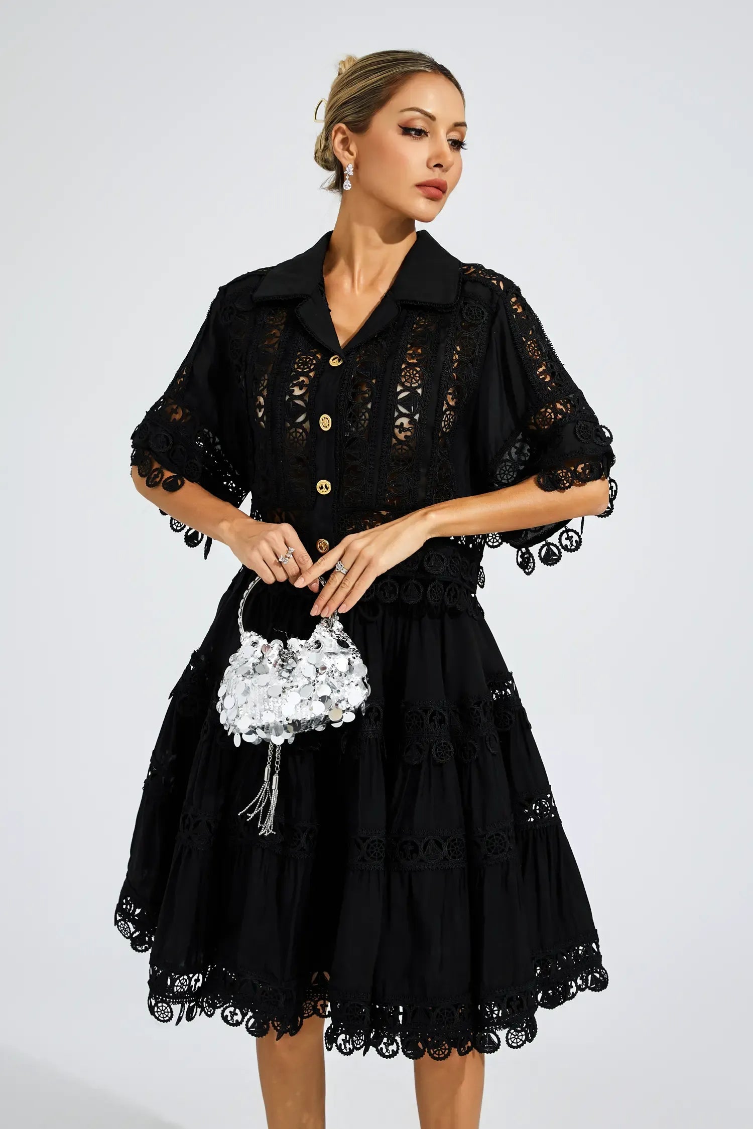 Kaeifa Black Guipure Lace Collar Batwing Sleeve Drawstring Midi Dress