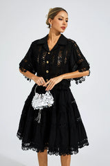 Kaeifa Black Guipure Lace Collar Batwing Sleeve Drawstring Midi Dress