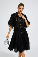 Kaeifa Black Guipure Lace Collar Batwing Sleeve Drawstring Midi Dress