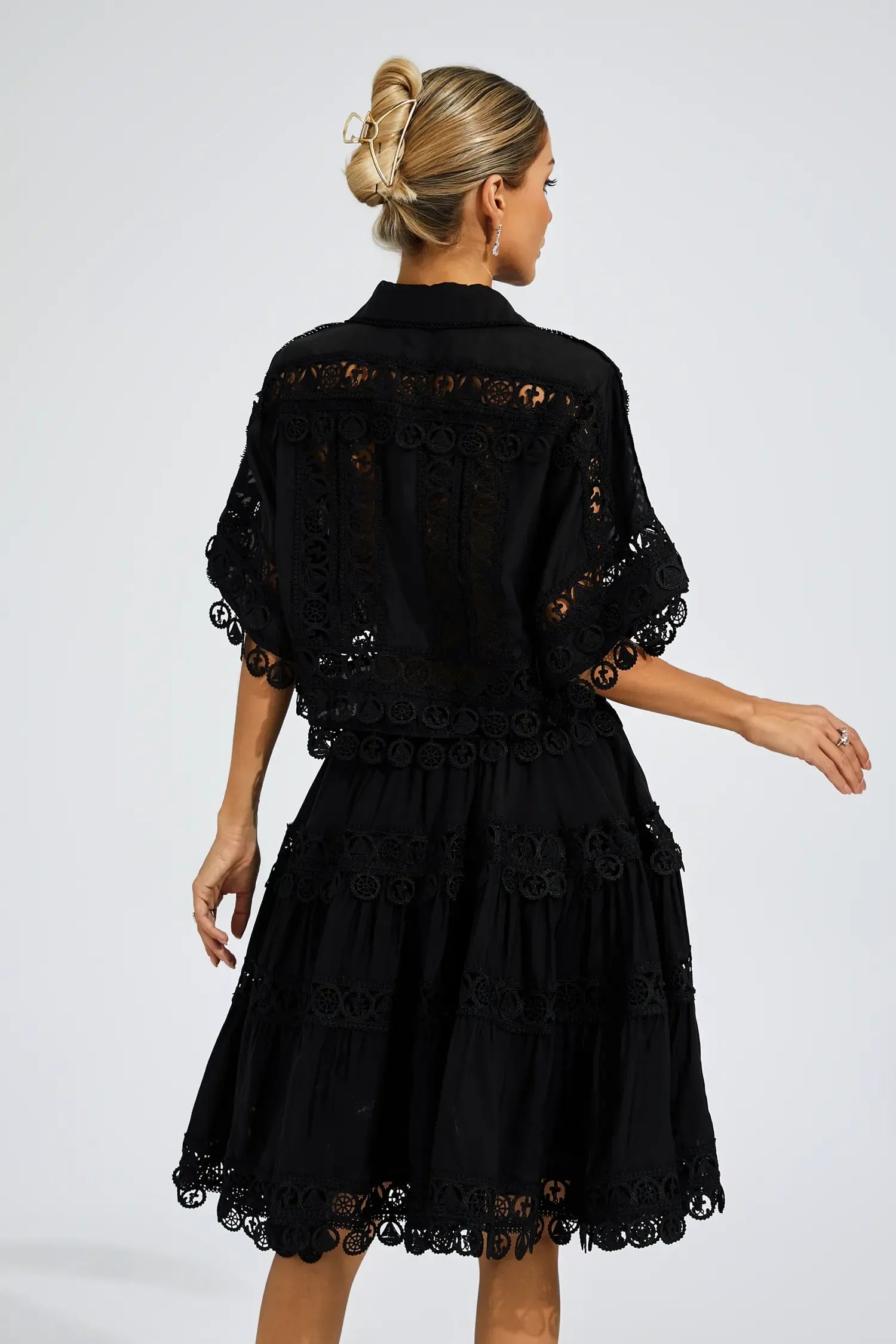 Kaeifa Black Guipure Lace Collar Batwing Sleeve Drawstring Midi Dress