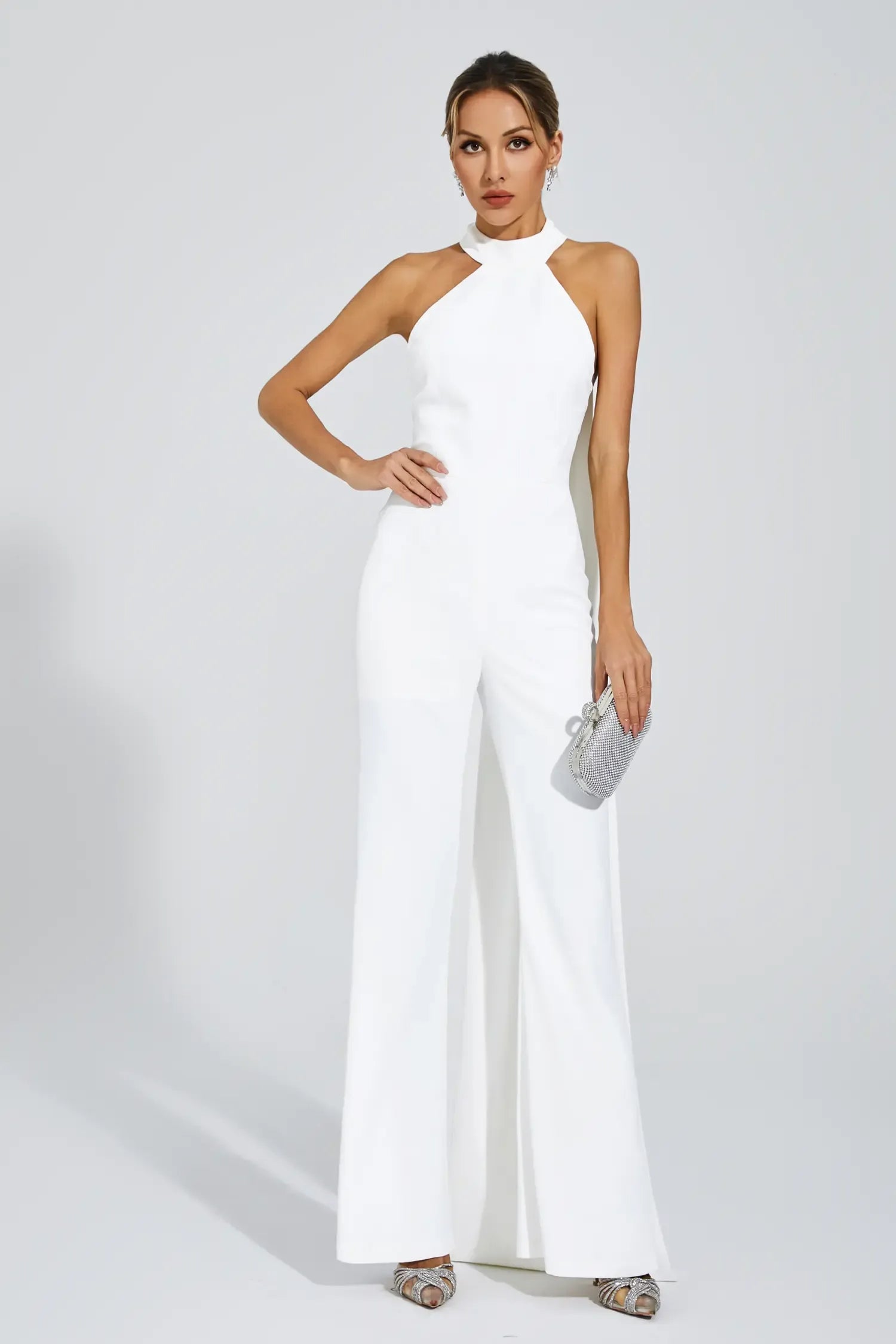 Kaeifa White Mock Halter Neck Sleeveless Open Back Flare Leg Jumpsuit