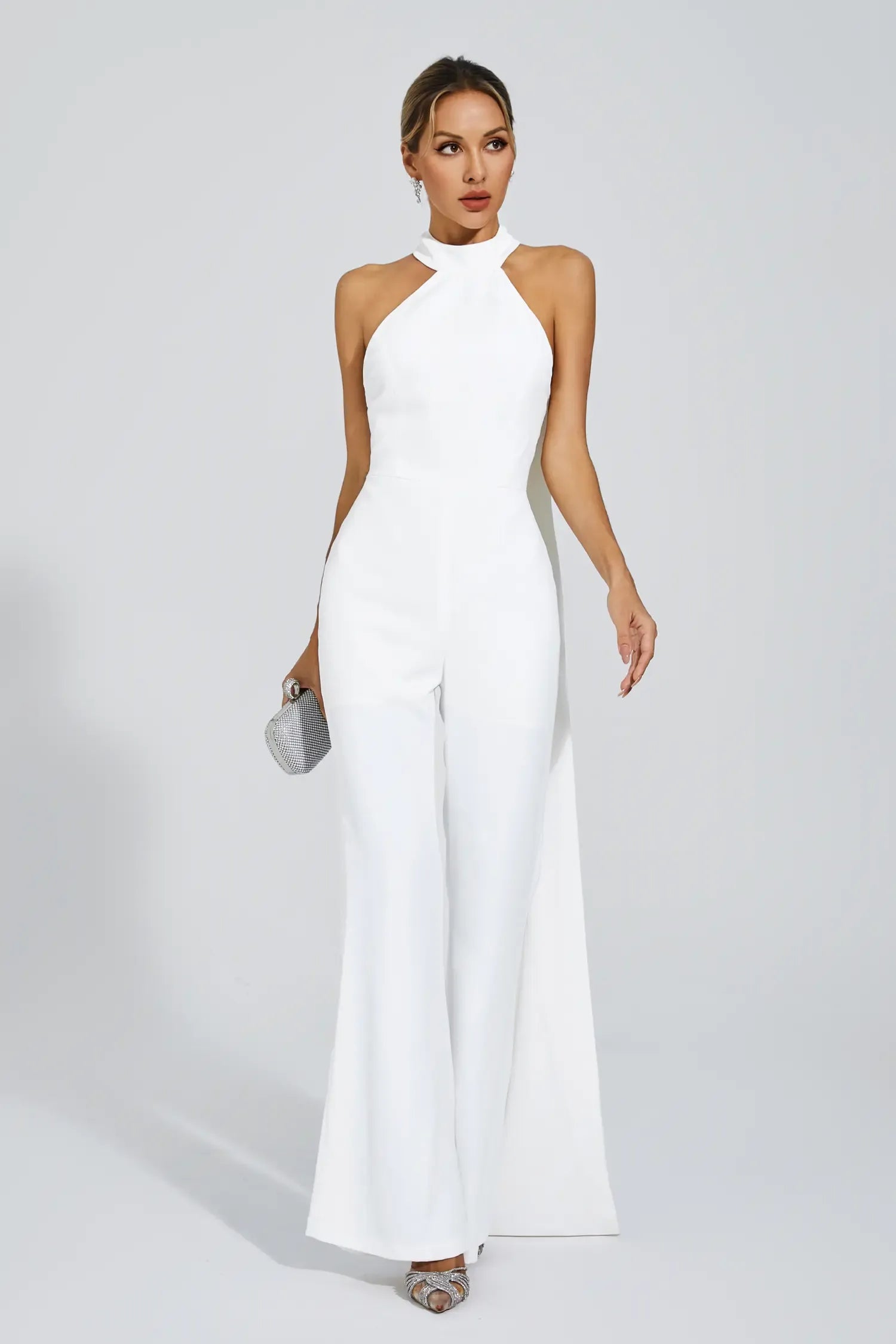 Kaeifa White Mock Halter Neck Sleeveless Open Back Flare Leg Jumpsuit