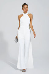 Kaeifa White Mock Halter Neck Sleeveless Open Back Flare Leg Jumpsuit