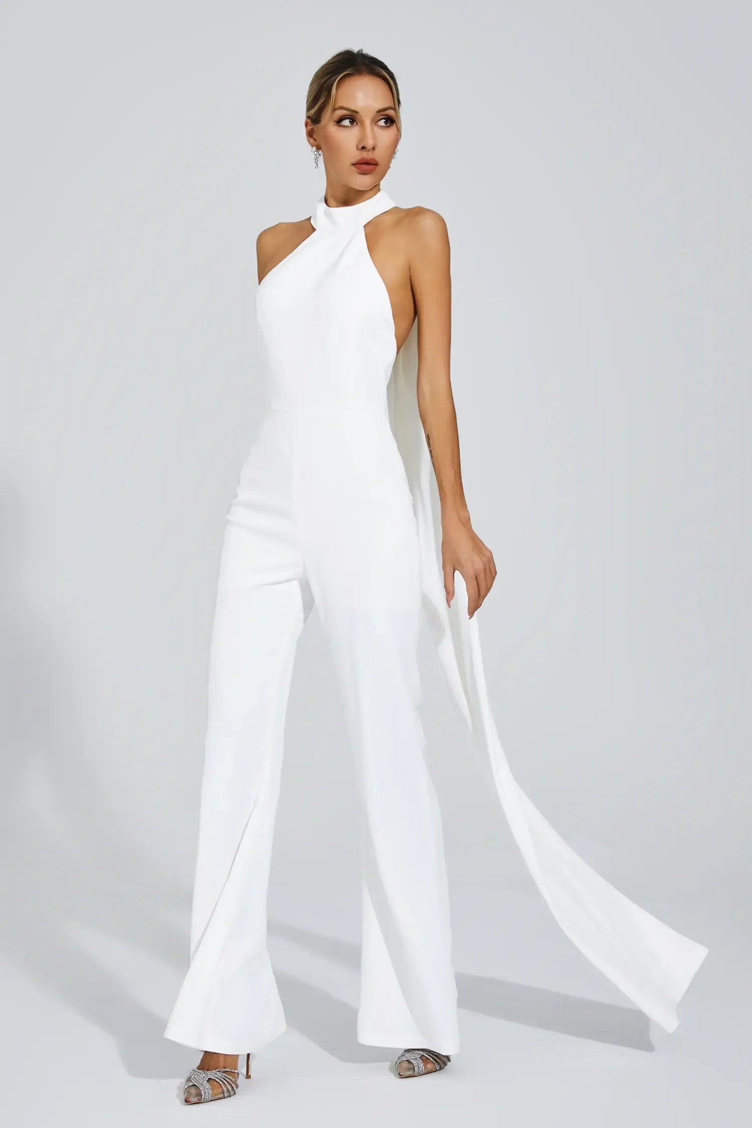 Kaeifa White Mock Halter Neck Sleeveless Open Back Flare Leg Jumpsuit