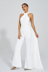 Kaeifa White Mock Halter Neck Sleeveless Open Back Flare Leg Jumpsuit