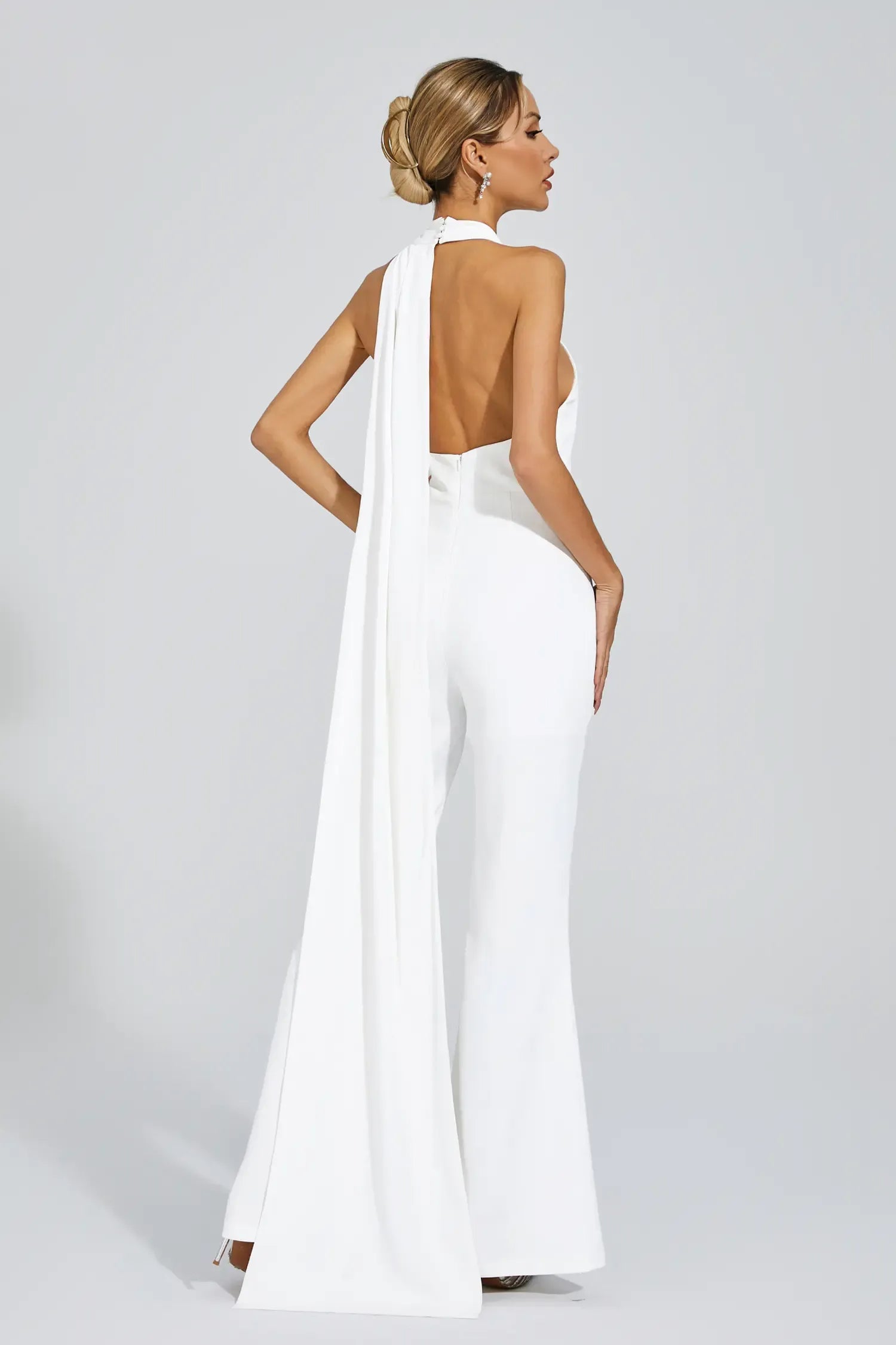 Kaeifa White Mock Halter Neck Sleeveless Open Back Flare Leg Jumpsuit