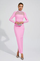 Kaeifa Pink Crystal Mesh High Neck Long Sleeve Maxi Dress