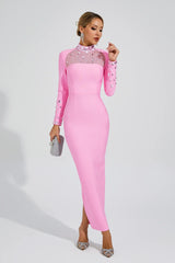 Kaeifa Pink Crystal Mesh High Neck Long Sleeve Maxi Dress